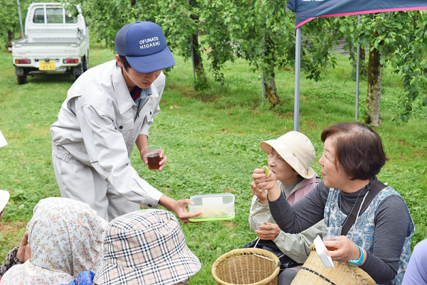 休憩時間には気仙茶を使ったクッキーの試作品をふるまった=同